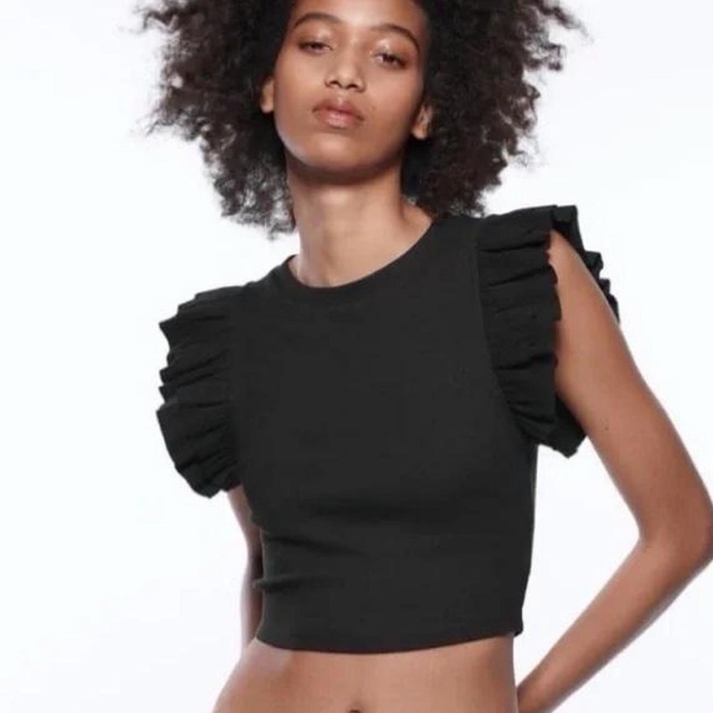 Zara Black Ruffle Sleeve Cropped Top